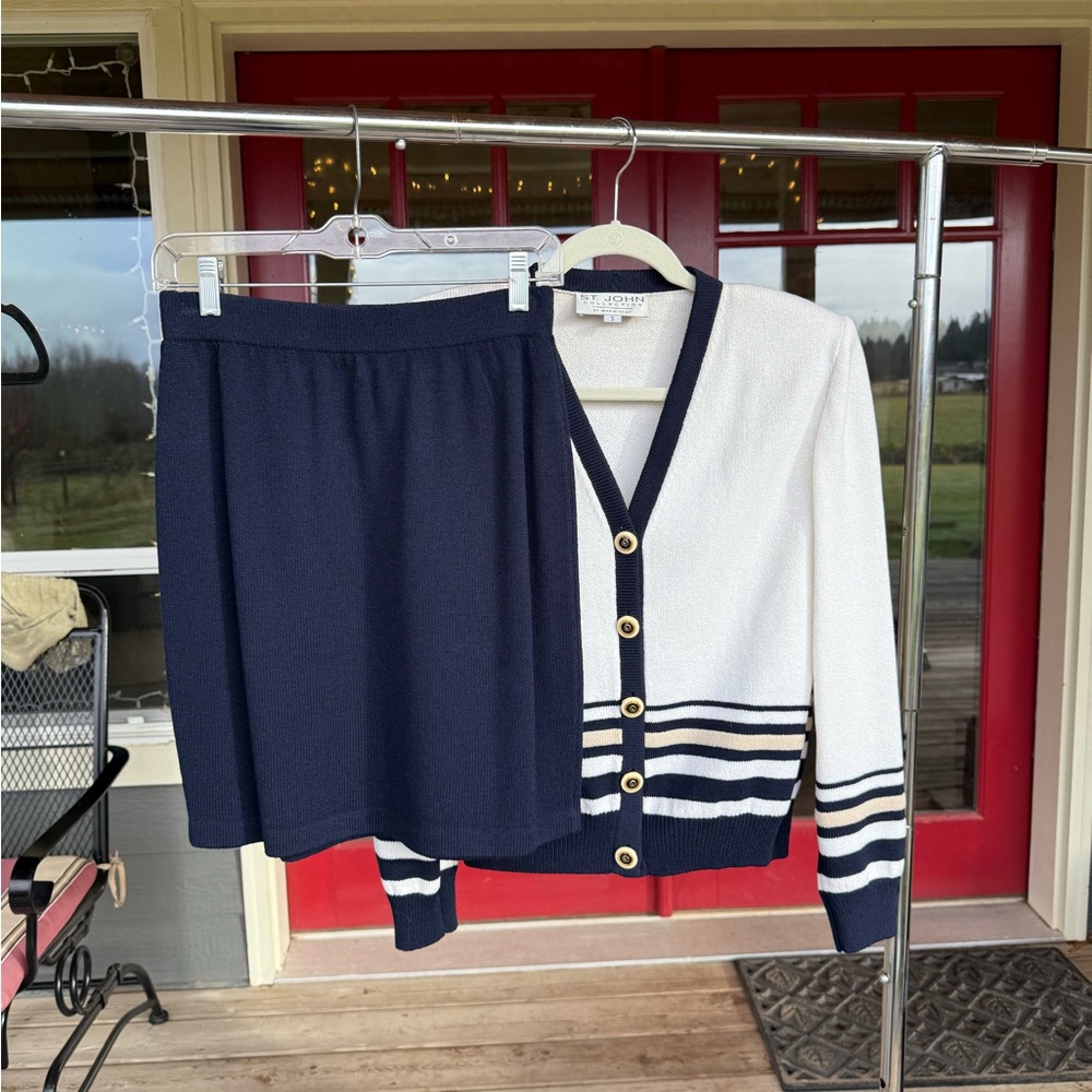 St. John Navy Blue & White Cardigan & matching skirt